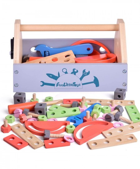 45 PCs Wooden Tool Set for Toddlers Pretend Play Construction Kids Tool Set with Wooden Tool Box and Accessory Play Set Creat...