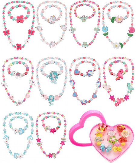 30 Pcs Little Girls Jewelry Princess Necklace Bracelet Jewelry Set Includes 10 Beaded Necklace Bracelets and 10 Rings with Pl...