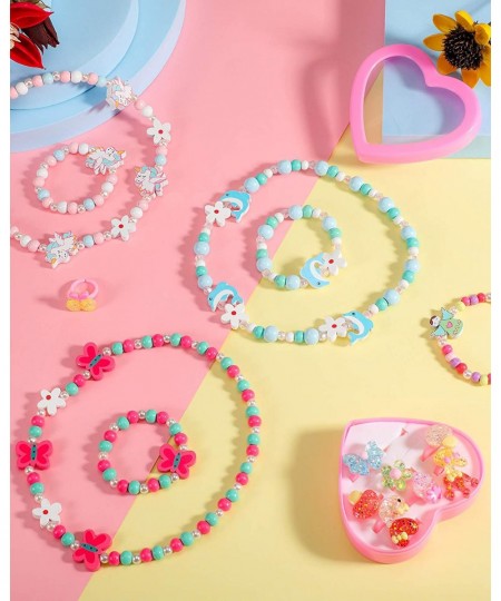 30 Pcs Little Girls Jewelry Princess Necklace Bracelet Jewelry Set Includes 10 Beaded Necklace Bracelets and 10 Rings with Pl...