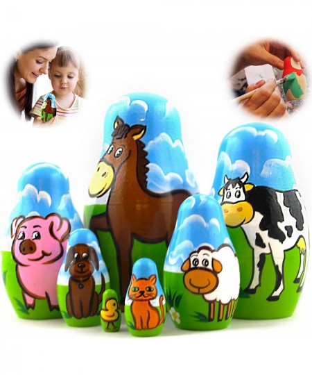 Farm Animals Set 7 pcs Wood Nesting Dolls - Pet Figurine Set Wooden Matryoshka Stacking Items $60.59 - Nesting Dolls