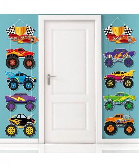 Truck Themed Party Decorations Car Cardboard Cutout Checkered Flag Birthday Party Banner Welcome Porch Sign Door Hanger Car P...