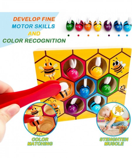 Toddler Fine Motor Skill Toys Clamp Bee to Hive Matching Game Montessori Wooden Color Sorting Puzzle Early Learning Preschool...