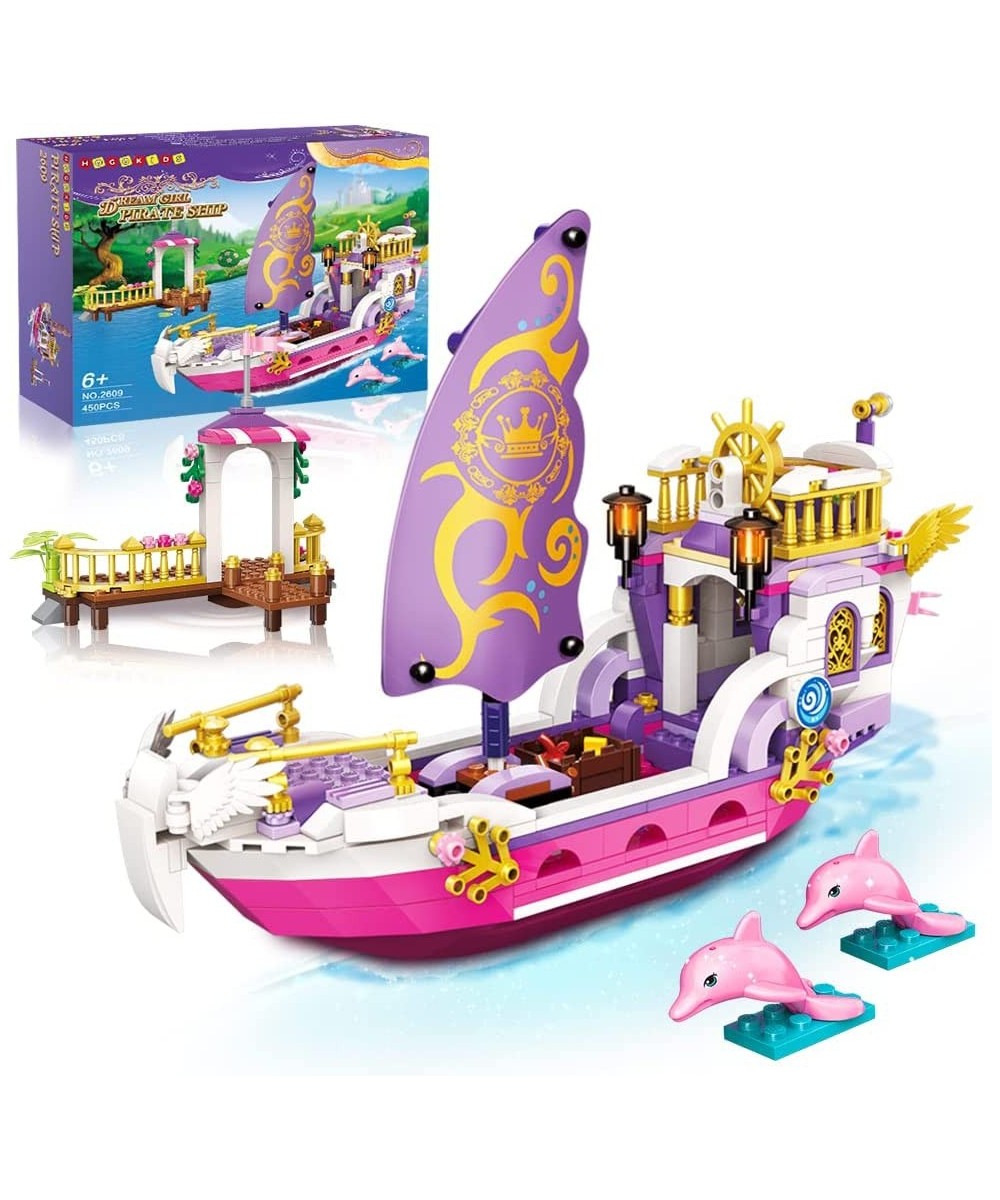 Girls Ship Building Sets - Creative Friends Boat Toys with 2 Dolphins & Harbor Building Block Kit for Kids Great Christmas Bi...