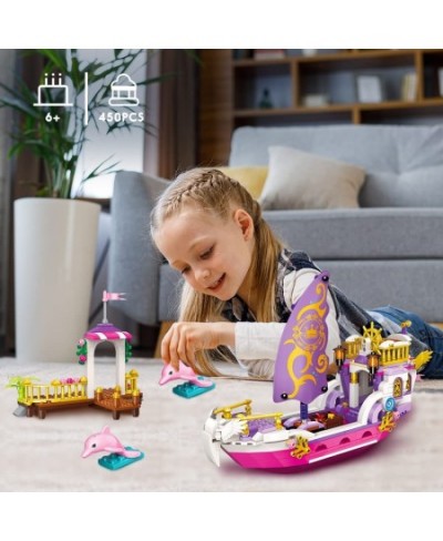 Girls Ship Building Sets - Creative Friends Boat Toys with 2 Dolphins & Harbor Building Block Kit for Kids Great Christmas Bi...