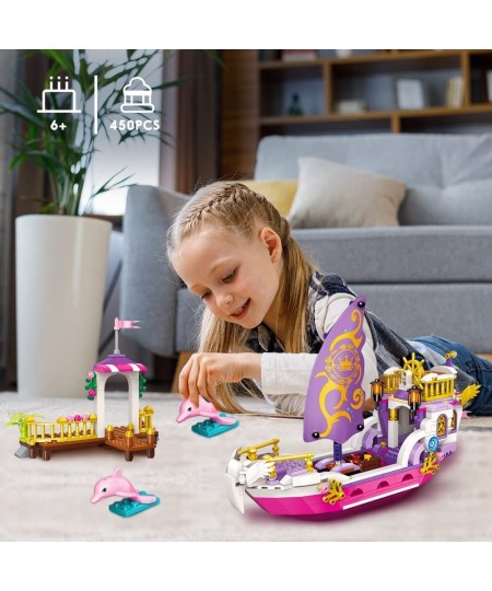 Girls Ship Building Sets - Creative Friends Boat Toys with 2 Dolphins & Harbor Building Block Kit for Kids Great Christmas Bi...