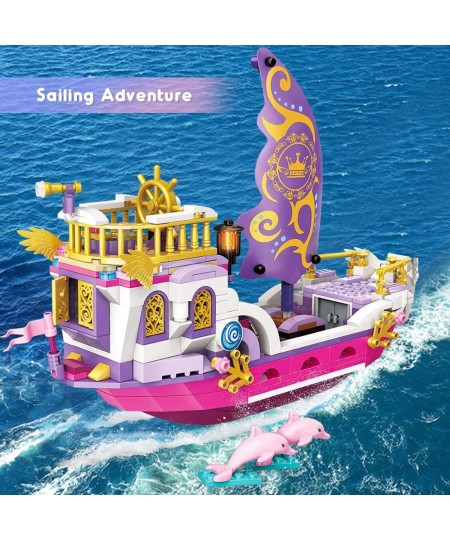 Girls Ship Building Sets - Creative Friends Boat Toys with 2 Dolphins & Harbor Building Block Kit for Kids Great Christmas Bi...