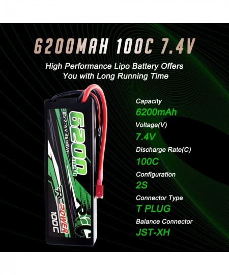 7.4V 6200mAh 2S Lipo Battery 100C Hard Case Lipo Battery with T Plug for RC Vehicles RC Car RC Truck RC Boat (2Packs) $87.59 ...