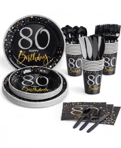 80th Birthday Plates and Napkins Sets Serve 24 80 Birthday Decorations for Men and Women Cups Knives Forks Spoons Napkins Inc...