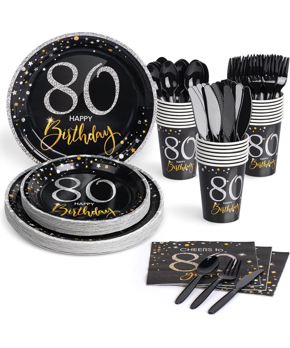 80th Birthday Plates and Napkins Sets Serve 24 80 Birthday Decorations for Men and Women Cups Knives Forks Spoons Napkins Inc...