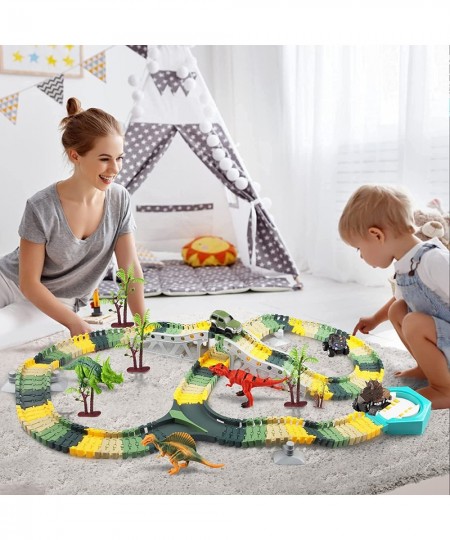 Dinosaur Toys 192pcs Create A Dinosaur World Road Race Flexible Track Playset and 2 Pcs Cool Dinosaur Cars 3pcs Dinosaurs for...