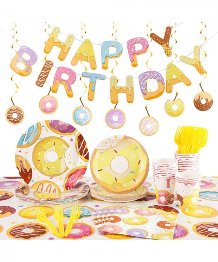 Donut Birthday Party Supplies Serve 24 Including Paper Plates Napkins Cups Tablecloth Banner Swirl for Girls and Boys Donut P...