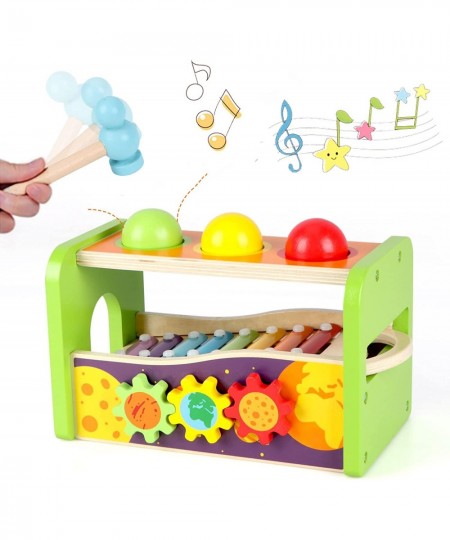 4-in-1 Hammering Pounding Toys Pound & Tap Bench with Slide Out Xylophone Multifunctional Montessori Wooden Musical Pounding ...