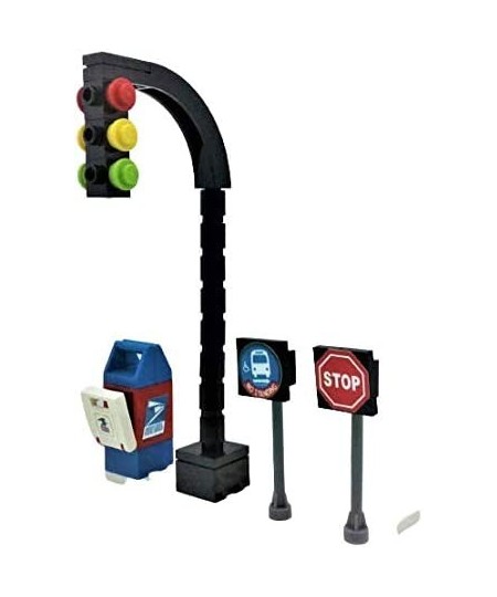 Building Bricks Toys City Town Village Street Main Road Arch Traffic Light Stop Sign Bus Stop Post Box Road Sign 4 PCS Playse...