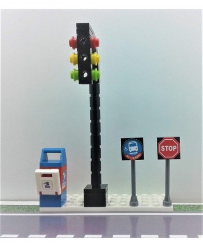 Building Bricks Toys City Town Village Street Main Road Arch Traffic Light Stop Sign Bus Stop Post Box Road Sign 4 PCS Playse...