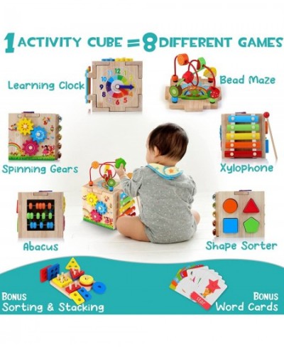 Wooden Kids Baby Activity Cube 8-in-1 Toys Gift Set for 12M+ Boys & Girls Bonus Sorting & Stacking Board Montessori Learning ...