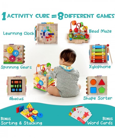 Wooden Kids Baby Activity Cube 8-in-1 Toys Gift Set for 12M+ Boys & Girls Bonus Sorting & Stacking Board Montessori Learning ...