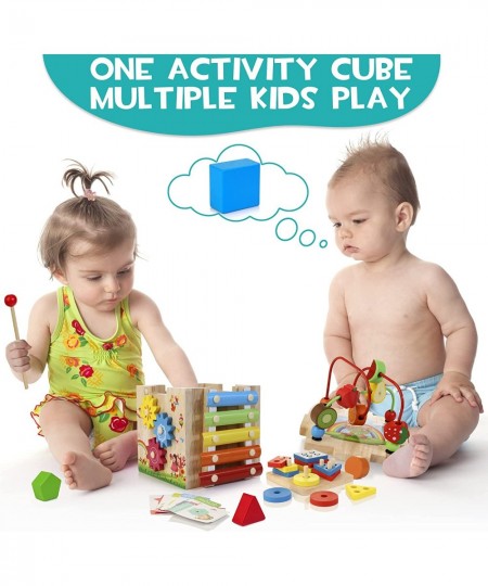 Wooden Kids Baby Activity Cube 8-in-1 Toys Gift Set for 12M+ Boys & Girls Bonus Sorting & Stacking Board Montessori Learning ...