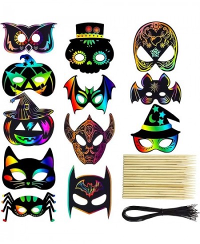 36PCS Halloween Scratch Masks DIY Rainbow Scratch Paper Mask Art Craft Kit with Bamboo Stylus & Elastic Bands for Magic Scrat...