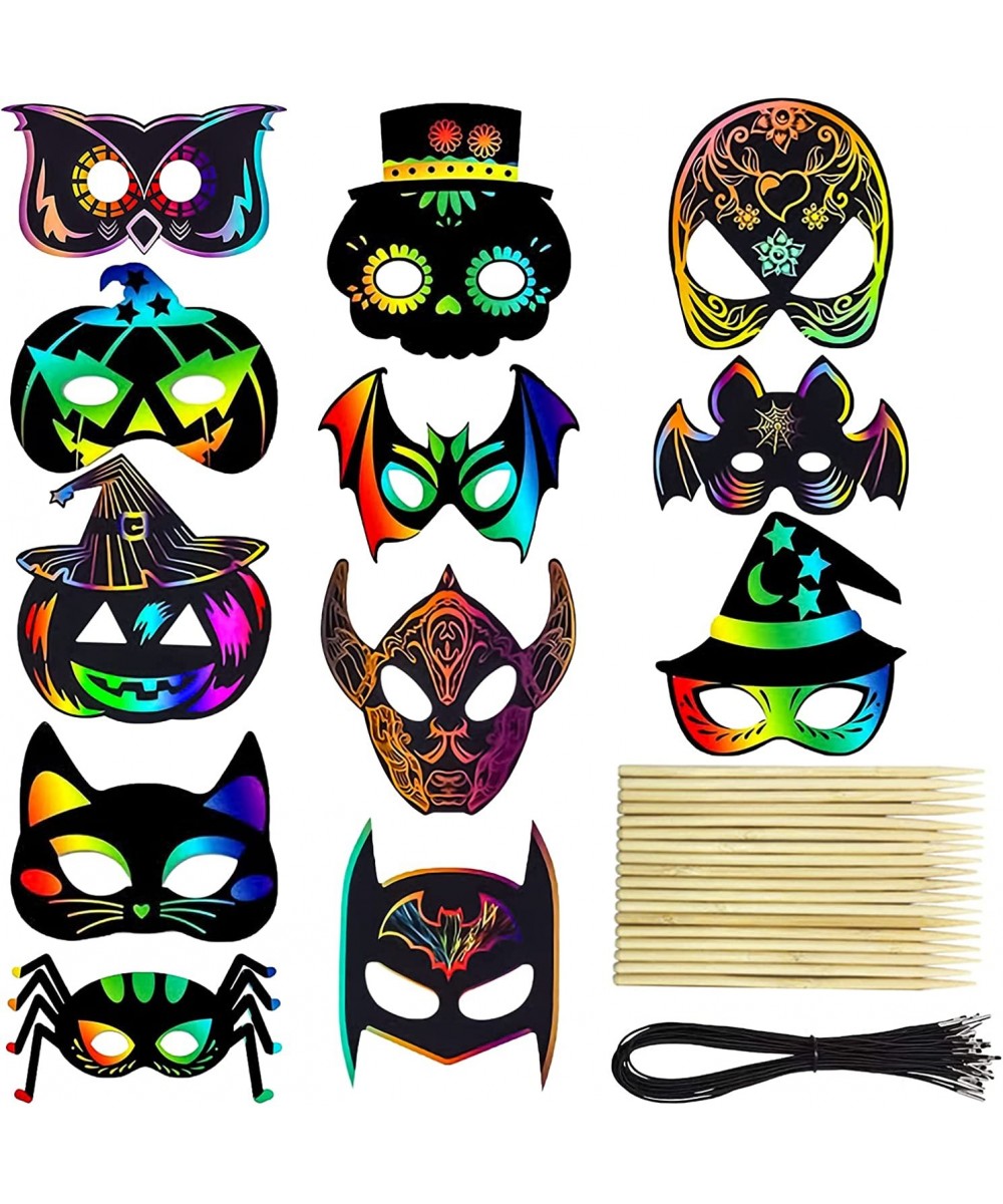 36PCS Halloween Scratch Masks DIY Rainbow Scratch Paper Mask Art Craft Kit with Bamboo Stylus & Elastic Bands for Magic Scrat...