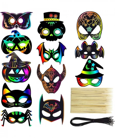 36PCS Halloween Scratch Masks DIY Rainbow Scratch Paper Mask Art Craft Kit with Bamboo Stylus & Elastic Bands for Magic Scrat...