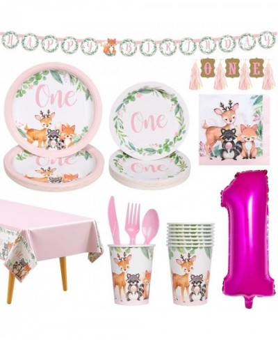 1st Birthday Plates and Napkin Sets for girl 24 Guests First Birthday Decorations for Girl Complete Pack Includes Wild One Pl...