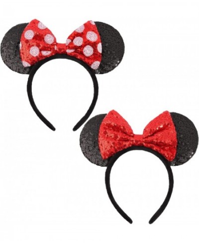 Mouse Ears Bow Headbands 2 PCS Shiny Sequin Bow Headbands Classic Mouse Ears Headbands for Adult Women Girls(Red Sequin & Red...