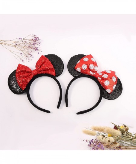 Mouse Ears Bow Headbands 2 PCS Shiny Sequin Bow Headbands Classic Mouse Ears Headbands for Adult Women Girls(Red Sequin & Red...