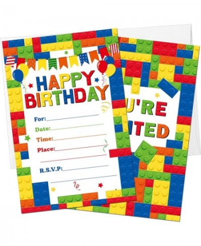 30 Pack Childrens Birthday Party Invitations with Envelopes Bulk Colorful Building Block Invitation Kids Stacking Bricks Invi...