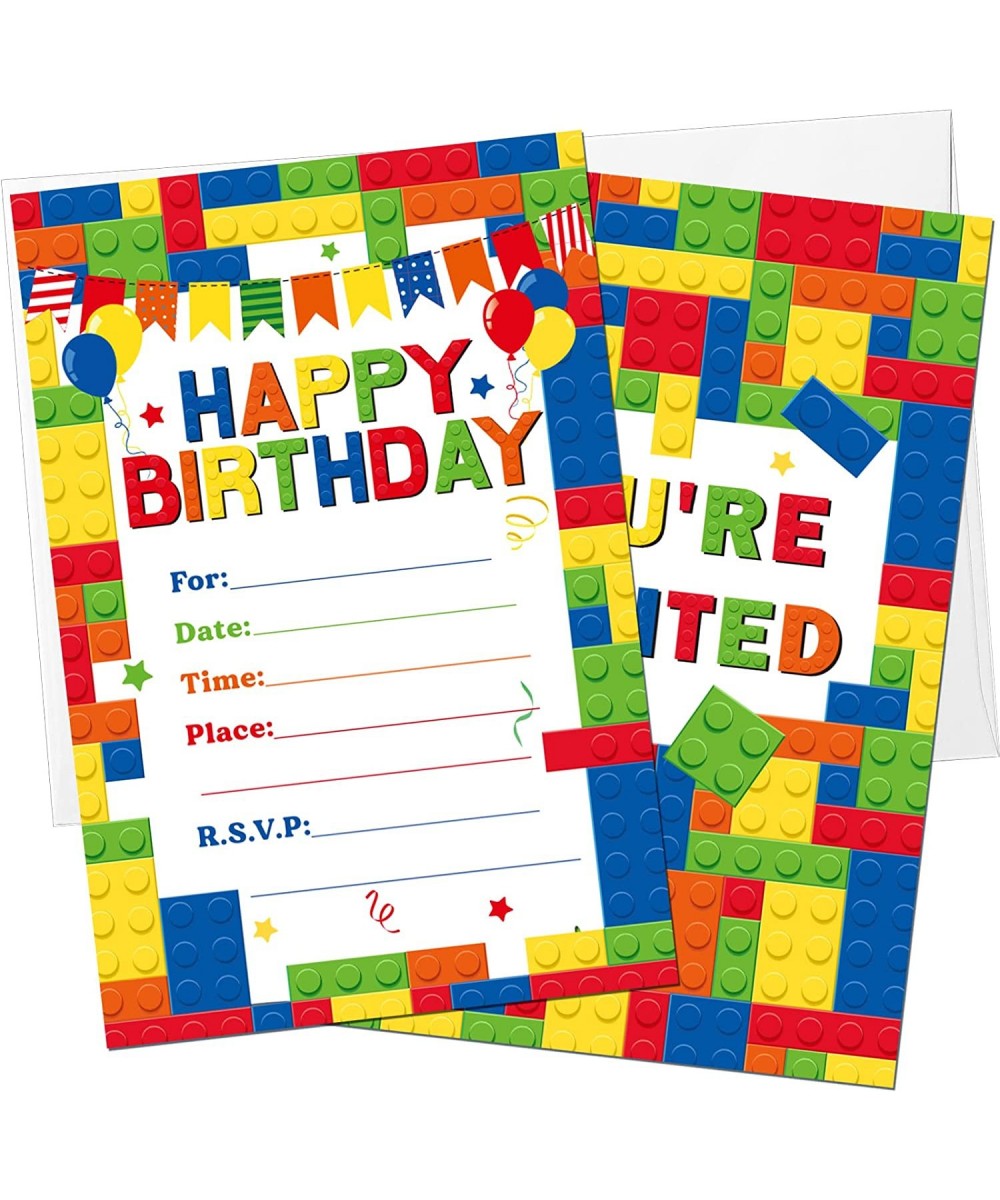 30 Pack Childrens Birthday Party Invitations with Envelopes Bulk Colorful Building Block Invitation Kids Stacking Bricks Invi...