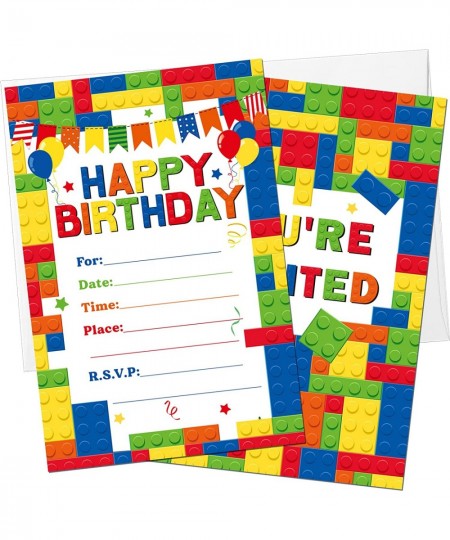 30 Pack Childrens Birthday Party Invitations with Envelopes Bulk Colorful Building Block Invitation Kids Stacking Bricks Invi...