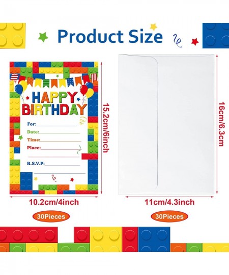 30 Pack Childrens Birthday Party Invitations with Envelopes Bulk Colorful Building Block Invitation Kids Stacking Bricks Invi...