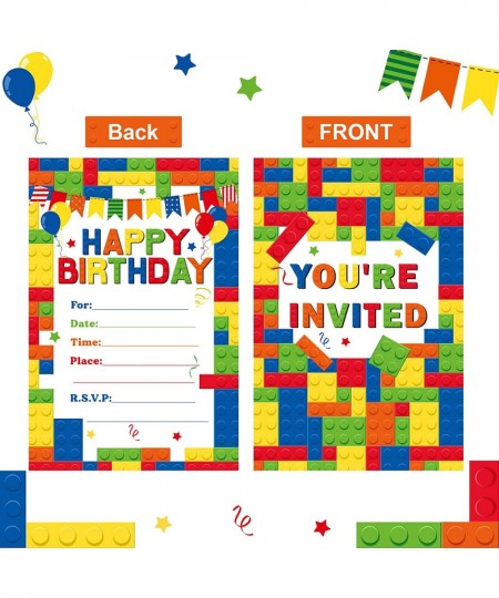 30 Pack Childrens Birthday Party Invitations with Envelopes Bulk Colorful Building Block Invitation Kids Stacking Bricks Invi...