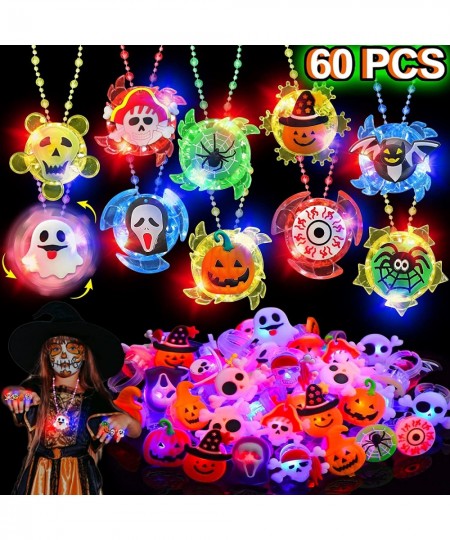 60 Pcs Halloween Party Favors for Kids 50 LED Flash Rings & 10 Rotating Fidget Spin Light Up Necklaces Halloween Toys Gifts G...