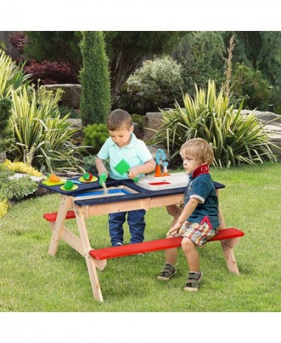 Sand & Water Table with Sandbox Outdoor with Kitchen Toys Kids Picnic Table and Bench Set Water Circulation Faucet and Vegeta...