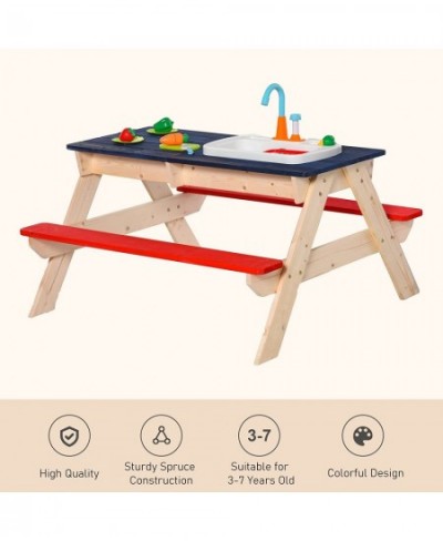 Sand & Water Table with Sandbox Outdoor with Kitchen Toys Kids Picnic Table and Bench Set Water Circulation Faucet and Vegeta...