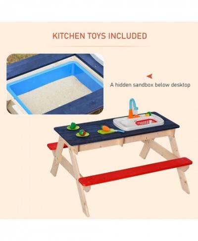 Sand & Water Table with Sandbox Outdoor with Kitchen Toys Kids Picnic Table and Bench Set Water Circulation Faucet and Vegeta...