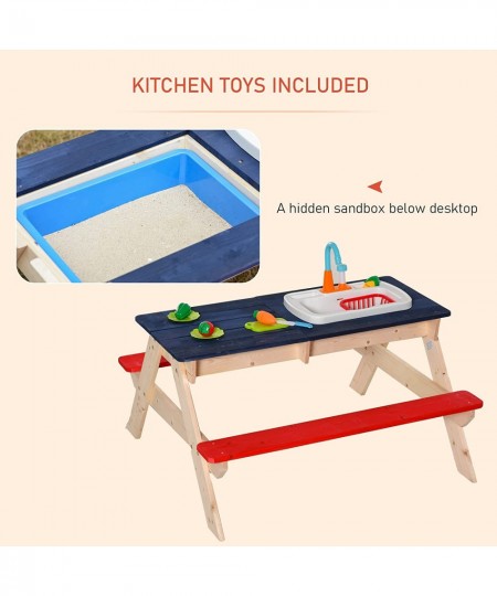 Sand & Water Table with Sandbox Outdoor with Kitchen Toys Kids Picnic Table and Bench Set Water Circulation Faucet and Vegeta...