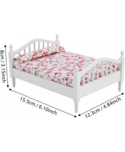 Miniature Dollhouse Bed Dollhouse Mini Double Bed Flower Pattern Mini Double Bed Furniture Dollhouse Accessories for 1/12 Sca...