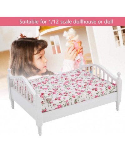 Miniature Dollhouse Bed Dollhouse Mini Double Bed Flower Pattern Mini Double Bed Furniture Dollhouse Accessories for 1/12 Sca...