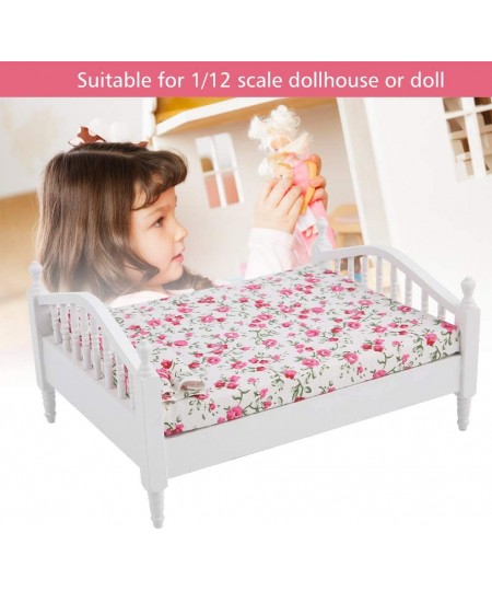 Miniature Dollhouse Bed Dollhouse Mini Double Bed Flower Pattern Mini Double Bed Furniture Dollhouse Accessories for 1/12 Sca...