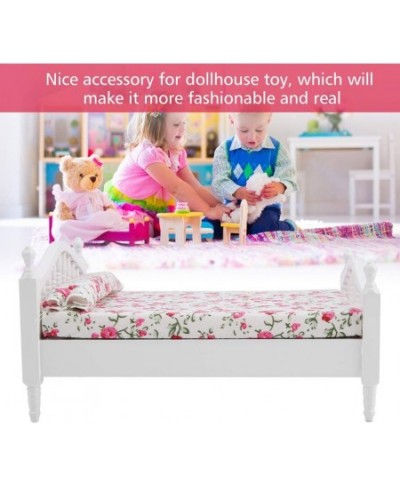 Miniature Dollhouse Bed Dollhouse Mini Double Bed Flower Pattern Mini Double Bed Furniture Dollhouse Accessories for 1/12 Sca...