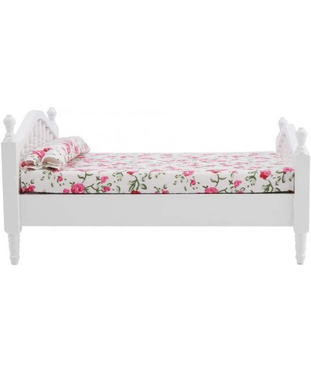 Miniature Dollhouse Bed Dollhouse Mini Double Bed Flower Pattern Mini Double Bed Furniture Dollhouse Accessories for 1/12 Sca...