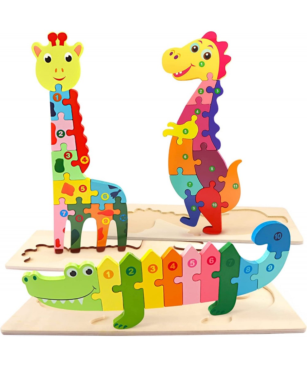 Wooden Jigsaw Puzzle for Toddlers 3 Pack Animals Dinosaur Crocodile Giraffe Numbered Puzzles Montessori Educational Christmas...