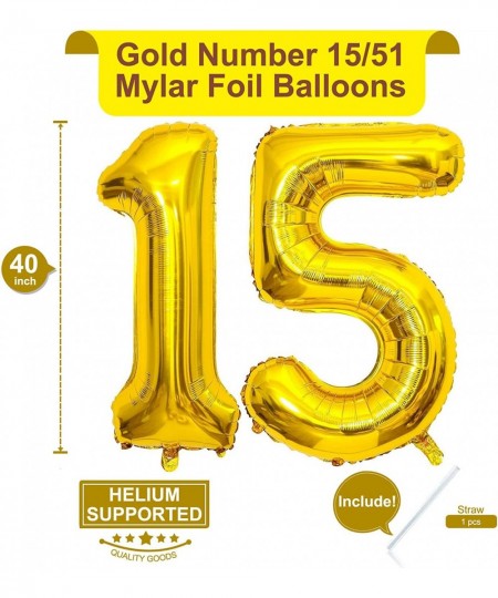 40 Inch Gold 15 Number Balloons Giant Jumbo Huge 15 or 51 Foil Mylar Helium Number Digital Balloons Gold Birthday Mylar Digit...