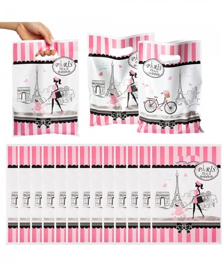 50Pcs Girls Dream Paris Party Favor Bag for Elegant Lady Waterproof Pink Goodies Cookies Bag with Die Cut Handles Eiffel Towe...