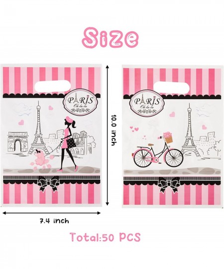 50Pcs Girls Dream Paris Party Favor Bag for Elegant Lady Waterproof Pink Goodies Cookies Bag with Die Cut Handles Eiffel Towe...