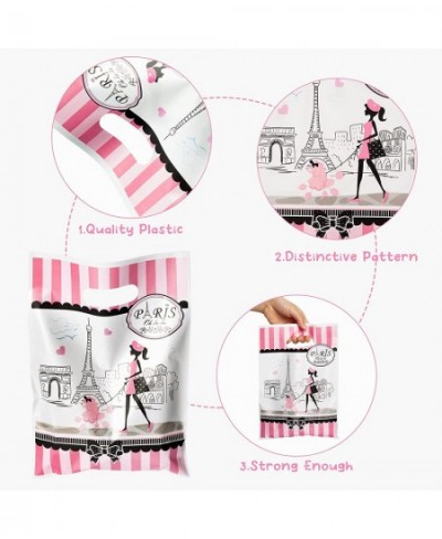 50Pcs Girls Dream Paris Party Favor Bag for Elegant Lady Waterproof Pink Goodies Cookies Bag with Die Cut Handles Eiffel Towe...