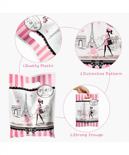 50Pcs Girls Dream Paris Party Favor Bag for Elegant Lady Waterproof Pink Goodies Cookies Bag with Die Cut Handles Eiffel Towe...