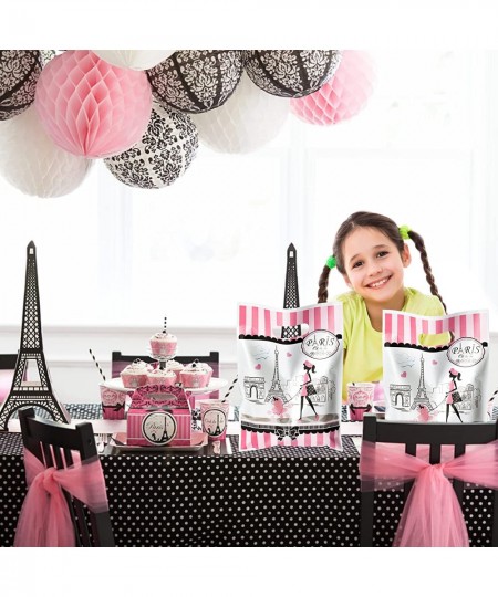 50Pcs Girls Dream Paris Party Favor Bag for Elegant Lady Waterproof Pink Goodies Cookies Bag with Die Cut Handles Eiffel Towe...