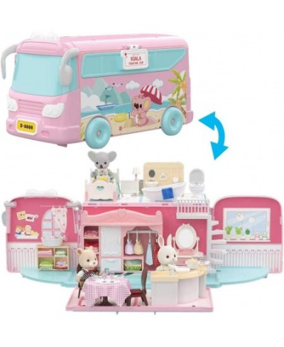 Dollhouse Playset DIY Pretend Portable Caravan Camper Bus Toy Kit with Little Critters Bunny Dolls Mini Cottage House Set Cam...